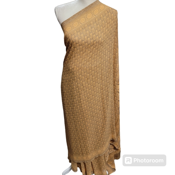 Peach and brown flower polyester saree/sari for party wear - Picture 1 of 12